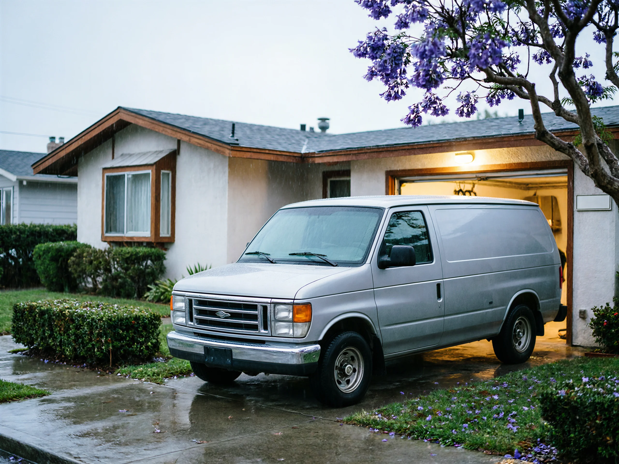 A silver van is parked in a driveway in front of an open garage.