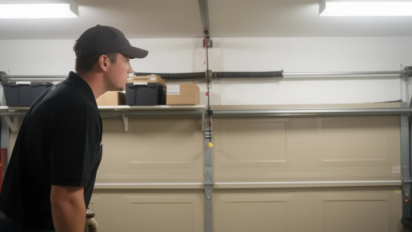 A technician in a black cap looks at a garage door with a torsion spring.