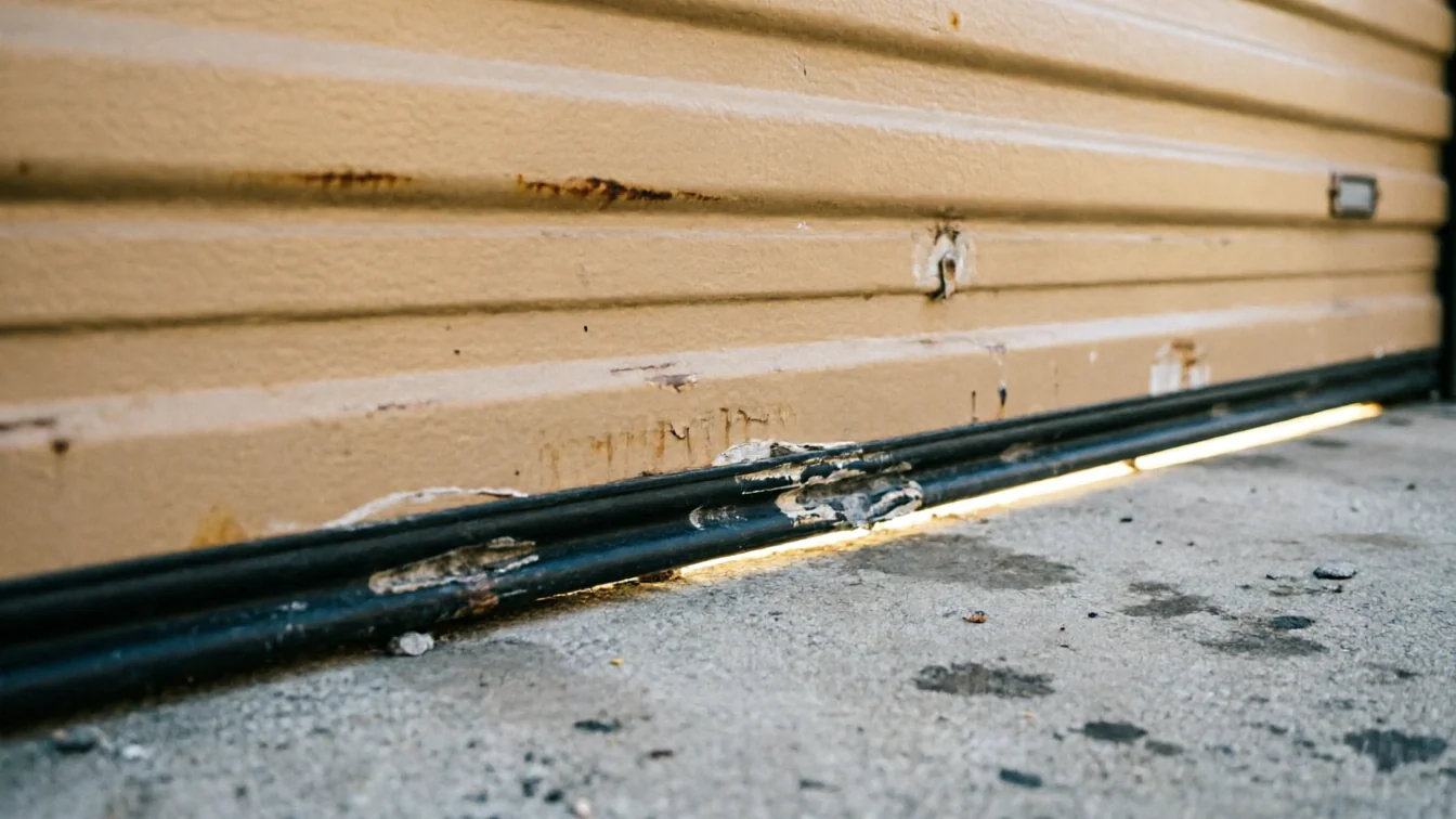 A damaged beige garage door with a gap at the bottom.