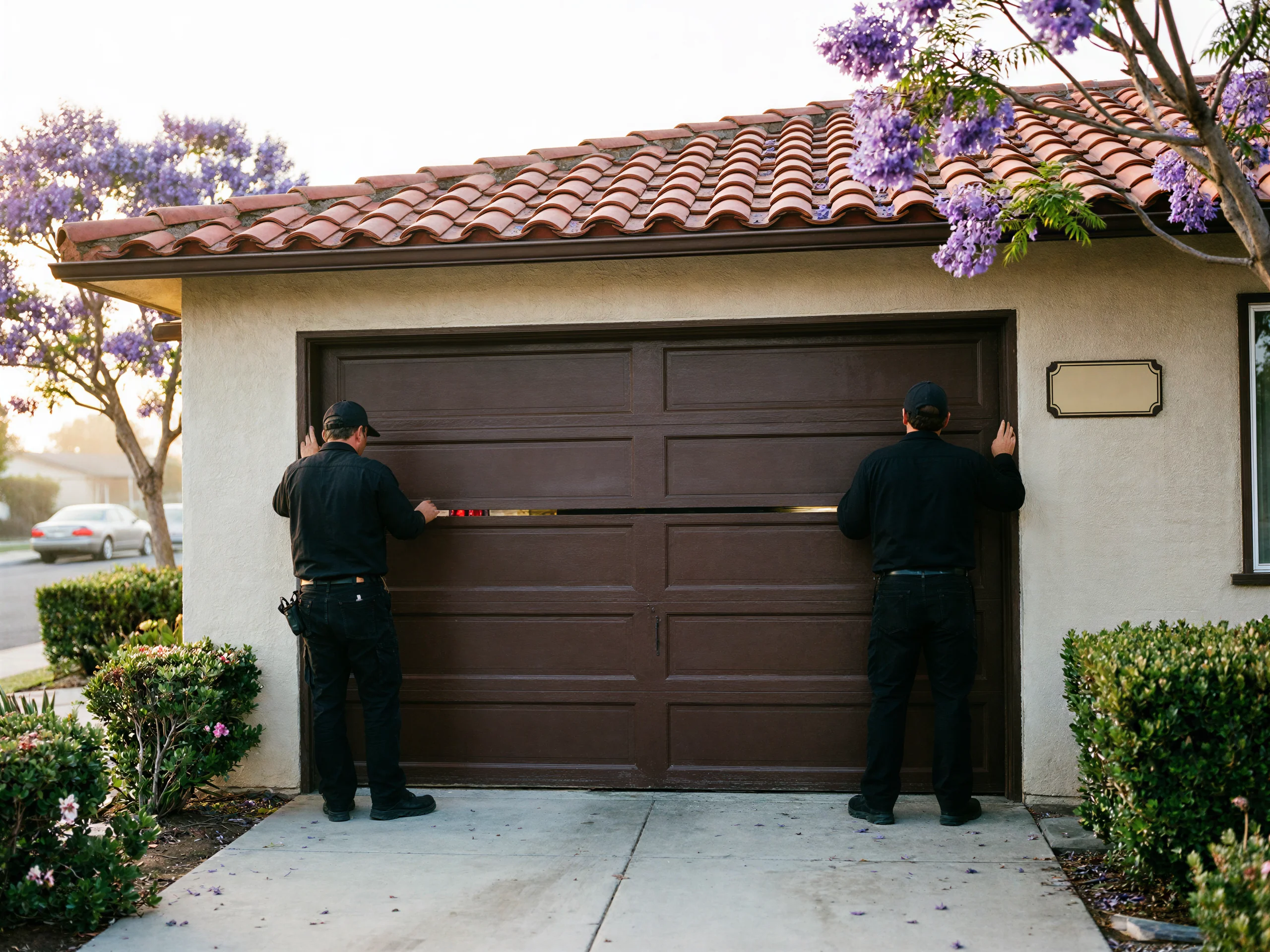 Two technicians are installing a brown garage door on a house.